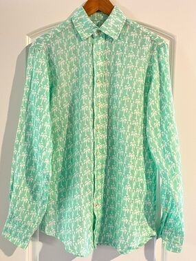 Love Brand Co. London Men’s Long Sleeve 100% Linen Shirt Lobsters Palm Trees S
